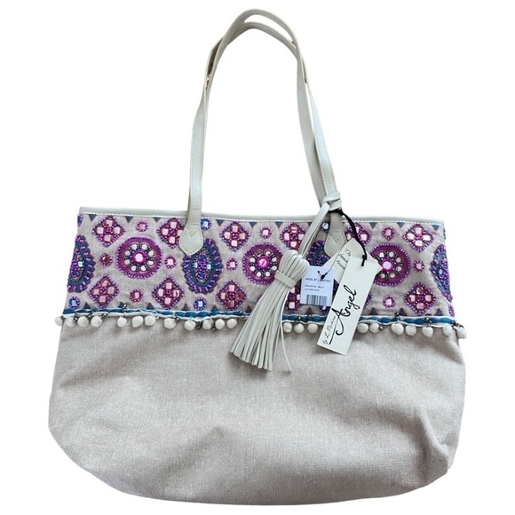 Angel By L. Martino Extra Large Beaded Boarding Tote Boho Beach Bag NWT - Picture 1 of 12